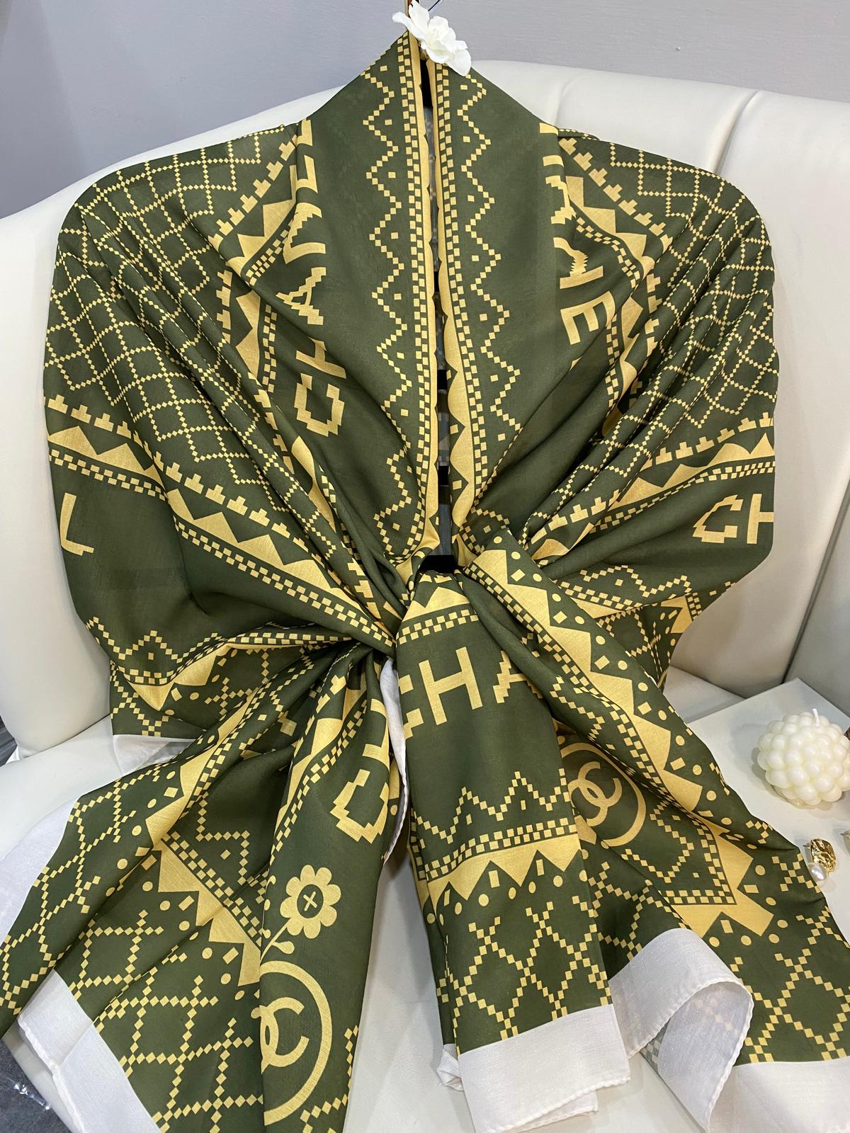 Chanel Çizgili Pamuk Soft Şal 51201 - Haki