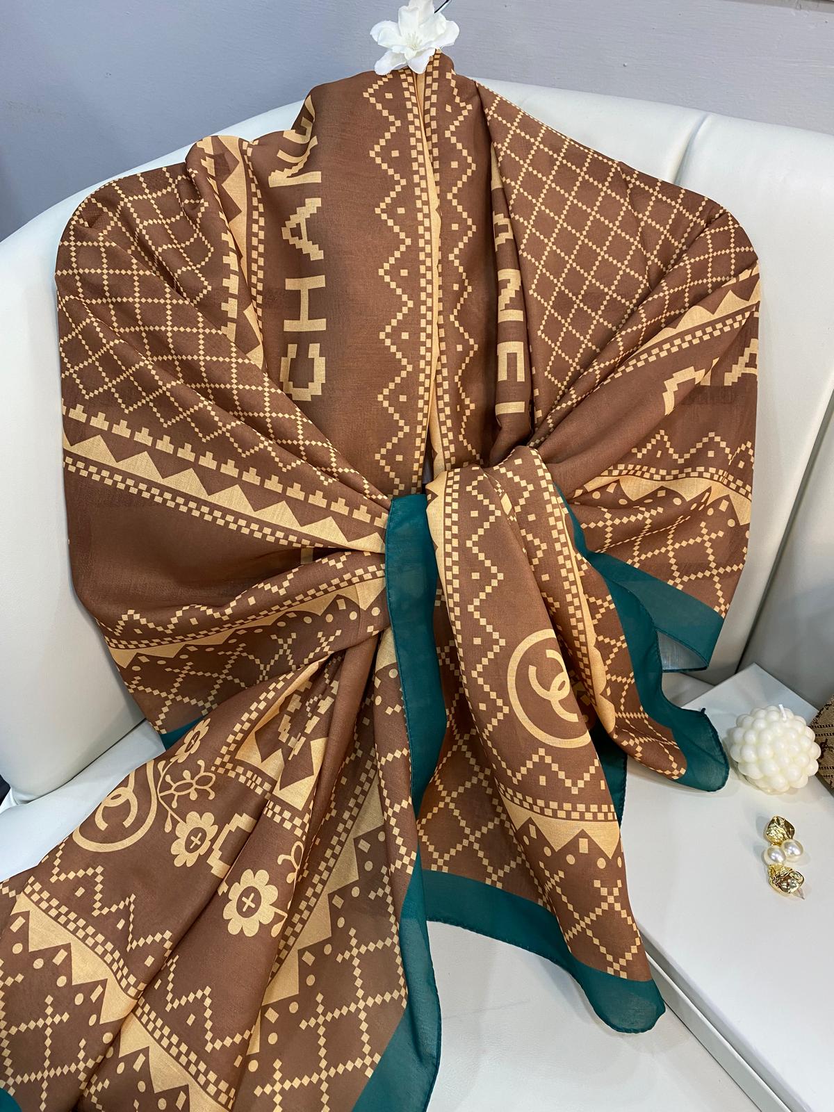 Chanel Çizgili Pamuk Soft Şal 51201 - Zümrüt Camel