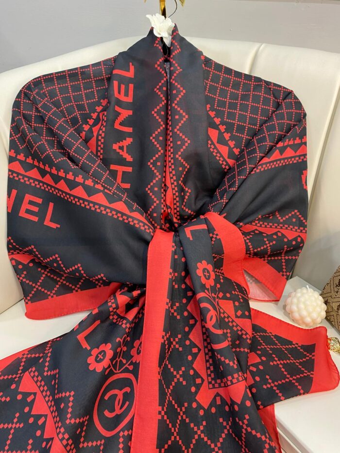 Chanel Çizgili Pamuk Soft Şal 51201 - Siyah Kırmızı