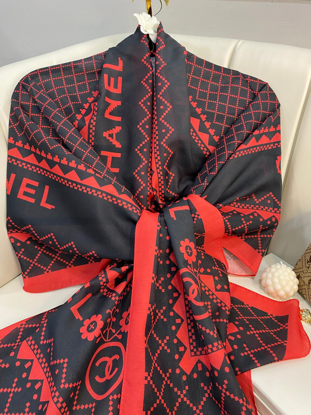 Chanel Çizgili Pamuk Soft Şal 51201 - Siyah Kırmızı