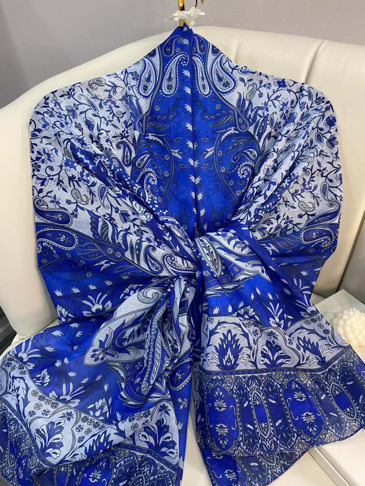 etnik hint deseni pamuk ipek şal -313131  lacivert/beyaz