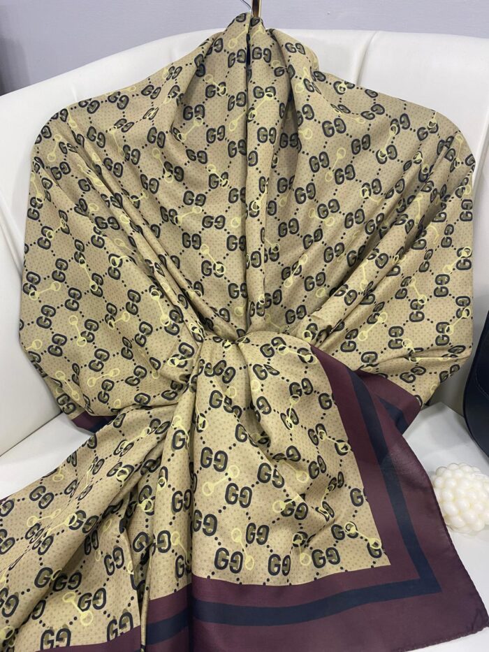 NEW GUCCİ Desen Pamuk İpek Şal-64750- Acı Kahve