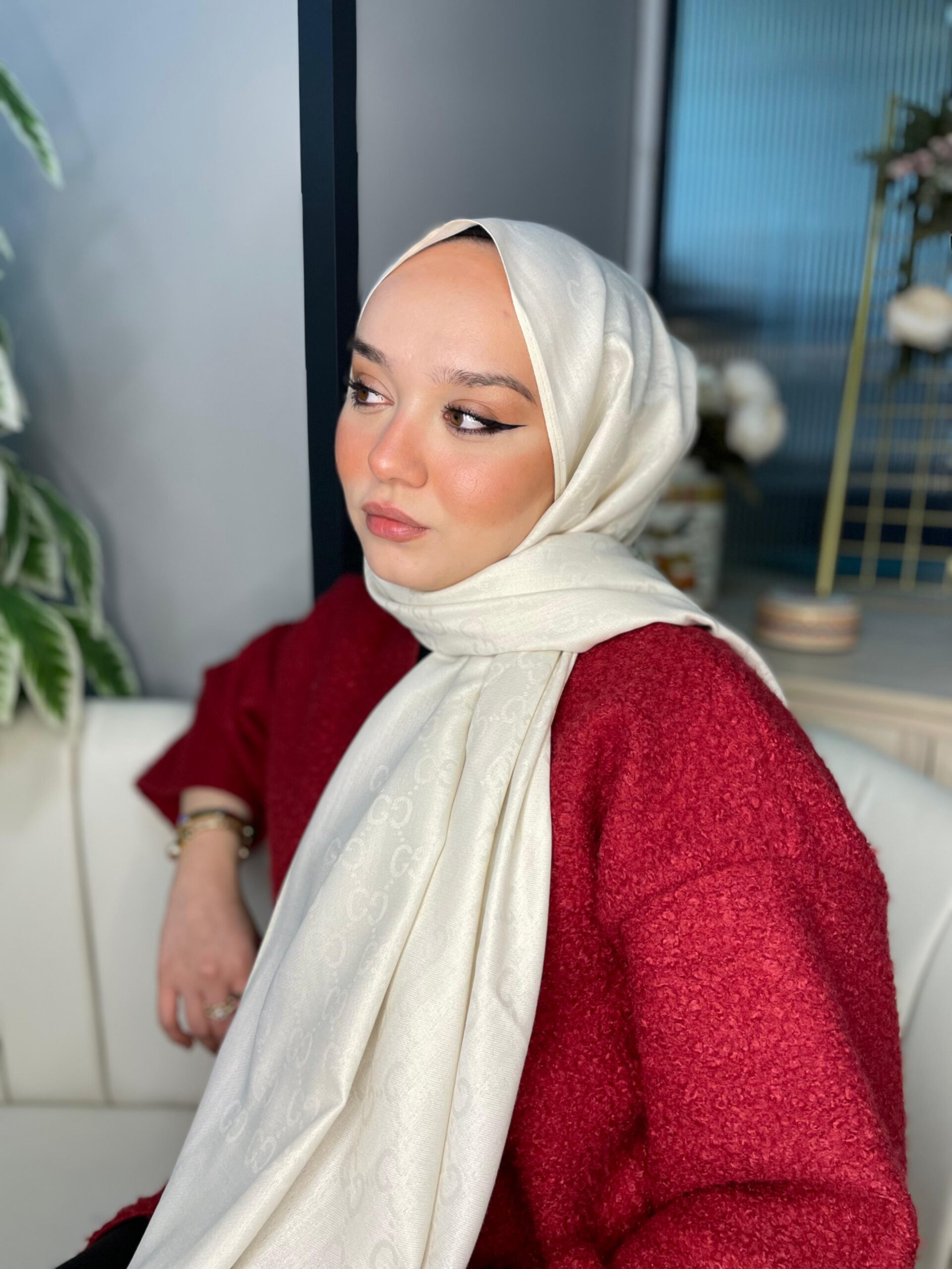 G Desen Pamuk İpeksi Jakar Şal 908204 - Ekru