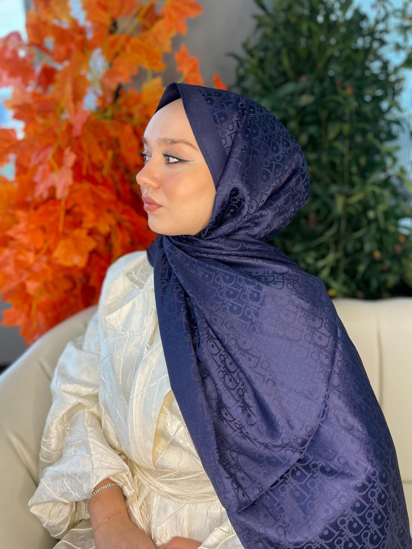 İthal Dior Pamuk Yün İpek Şal 49103 - Lacivert