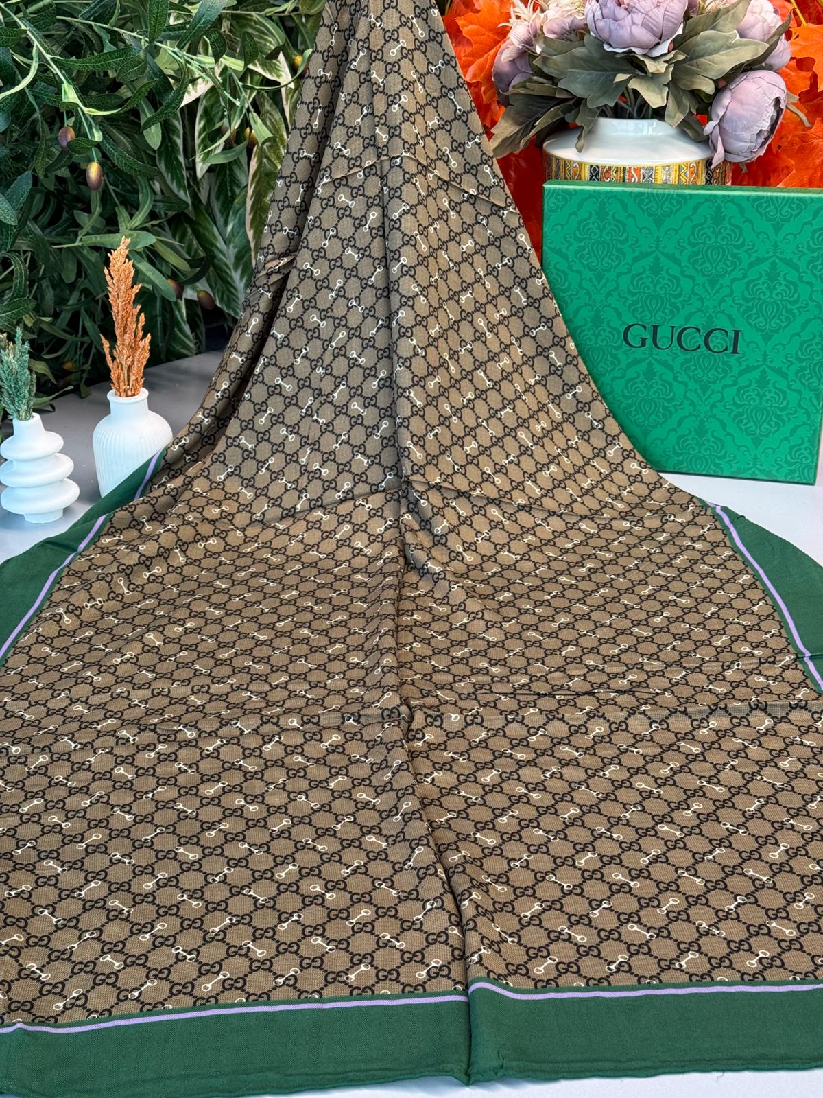 Gucci A Kalite İthal Yün İpek Şal - Yeşil-Mor