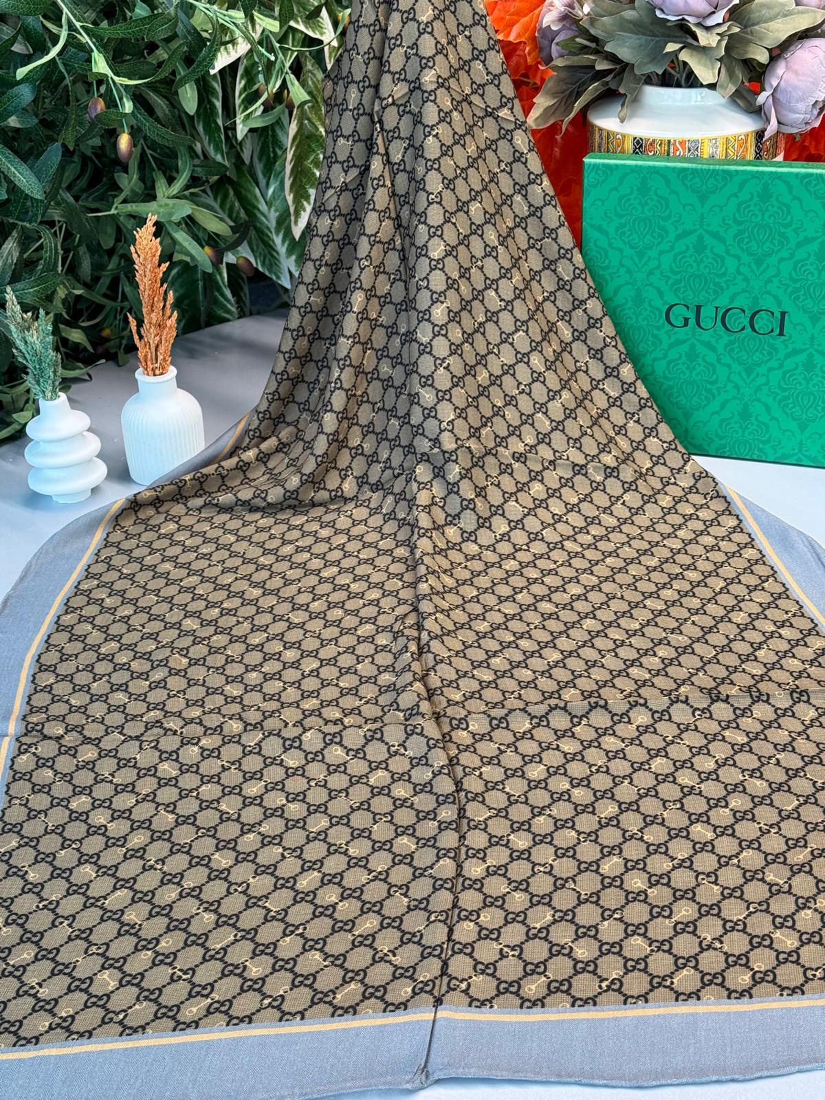 Gucci A Kalite İthal Yün İpek Şal - Gri-Hardal