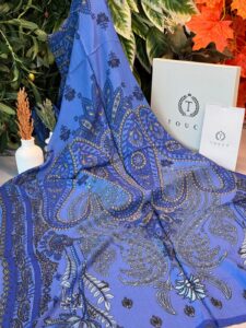 Touch İthal Etnik Desen Yün İpek Şal - Gökyüzü Laciverti