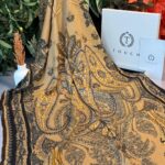 Touch İthal Etnik Desen Yün İpek Şal - Koyu Kahve-Hardal