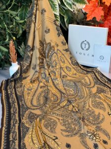 Touch İthal Etnik Desen Yün İpek Şal - Koyu Kahve-Hardal