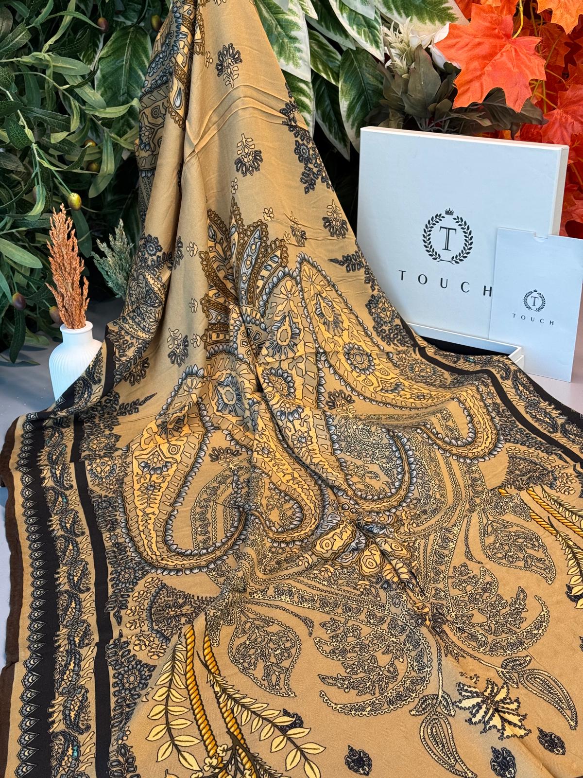 Touch İthal Etnik Desen Yün İpek Şal - Koyu Kahve-Hardal