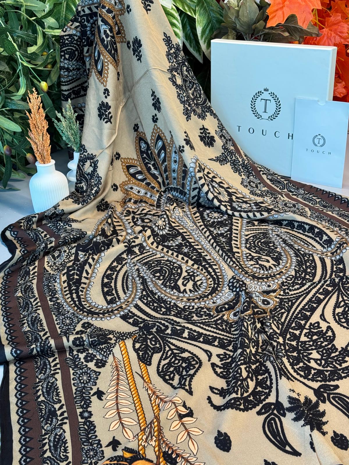 Touch İthal Etnik Desen Yün İpek Şal - Siyah-Bej