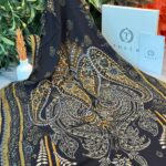 Touch İthal Etnik Desen Yün İpek Şal - Koyu Sarı-Siyah