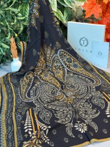 Touch İthal Etnik Desen Yün İpek Şal - Koyu Sarı-Siyah