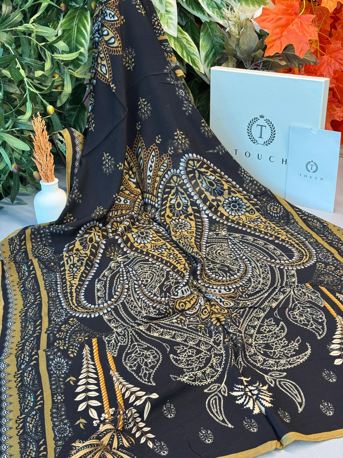 Touch İthal Etnik Desen Yün İpek Şal - Koyu Sarı-Siyah