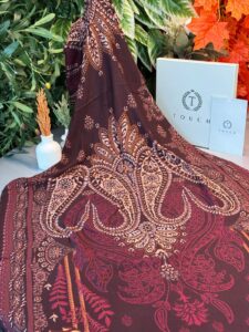 Touch İthal Etnik Desen Yün İpek Şal - Vişne Çürüğü