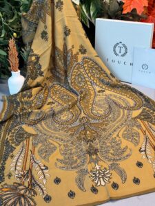 Touch İthal Etnik Desen Yün İpek Şal - Altın Sarısı