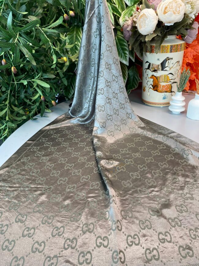 G Desen İpek Jakar Çift Renk Şal - Gümüş-Haki