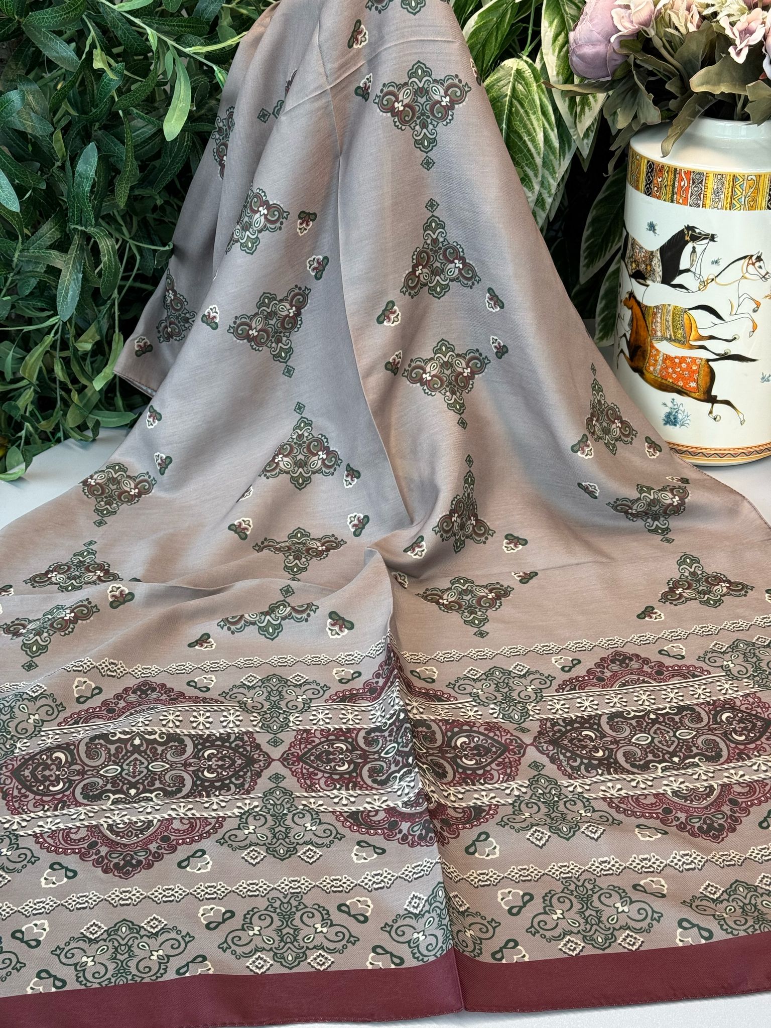 Kupa Desenli Pamuk İpek Şal - 797730 - Vizon-Zümrüt