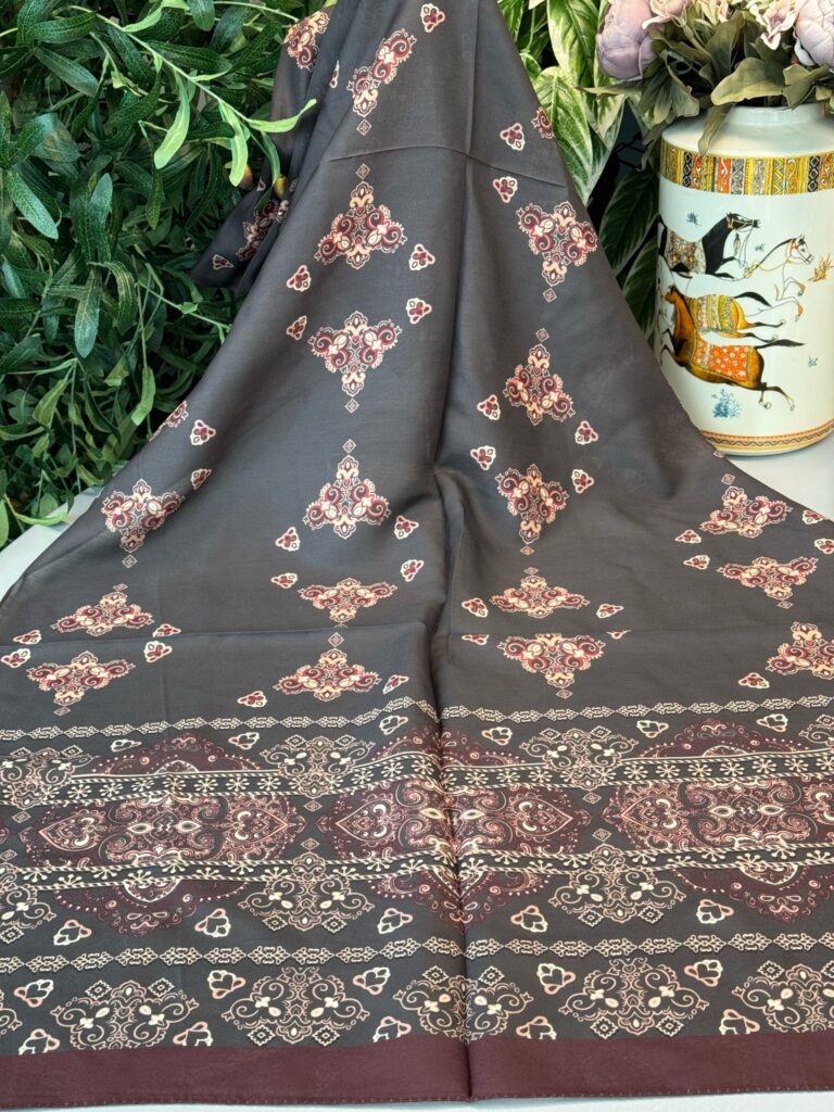 Kupa Desenli Pamuk İpek Şal - 797730 - Acı Kahve-Bordo