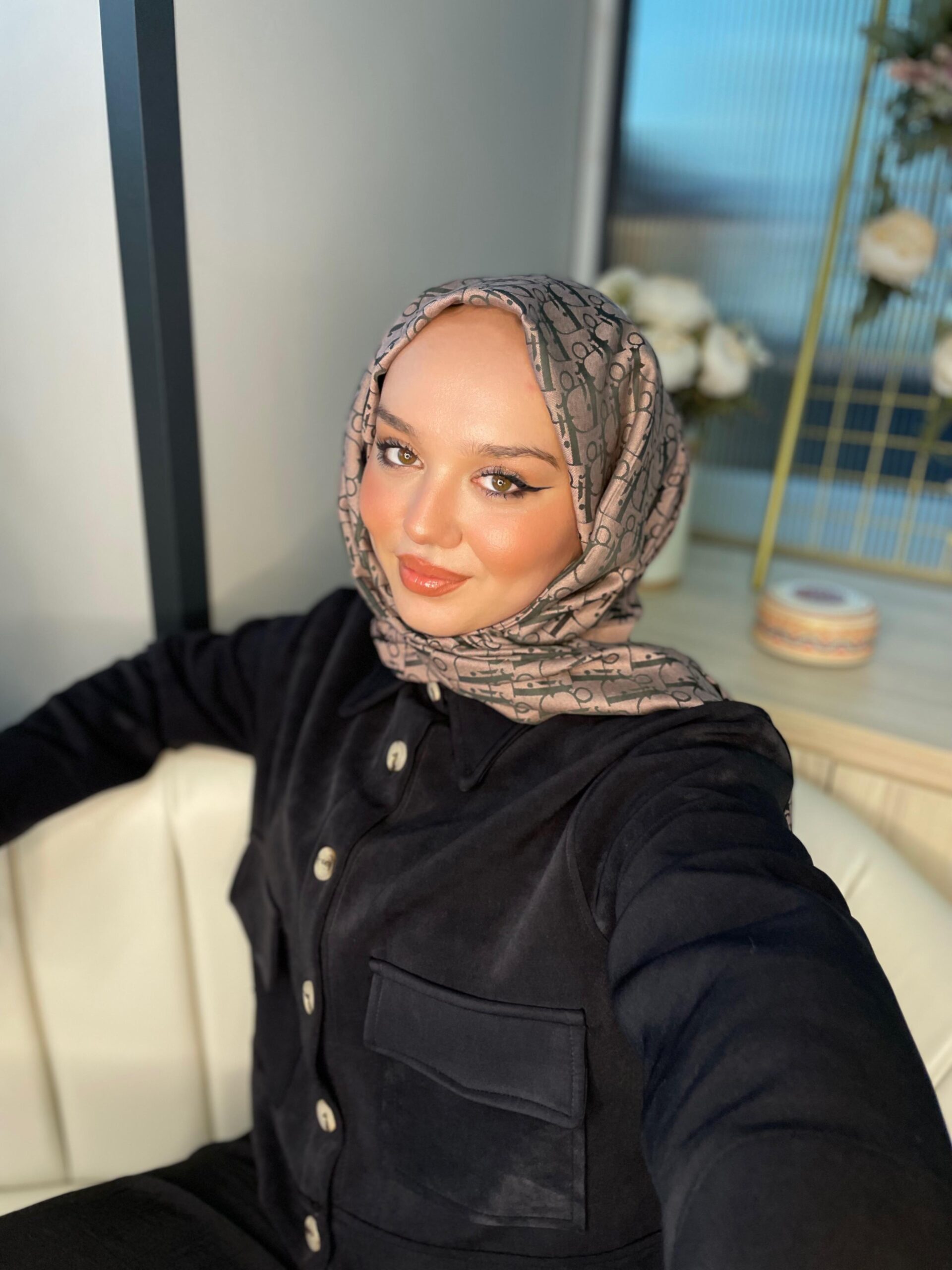 Dior Desenli İpek Kaşmir Çift Taraflı Şal 78002 - Vizon Siyah