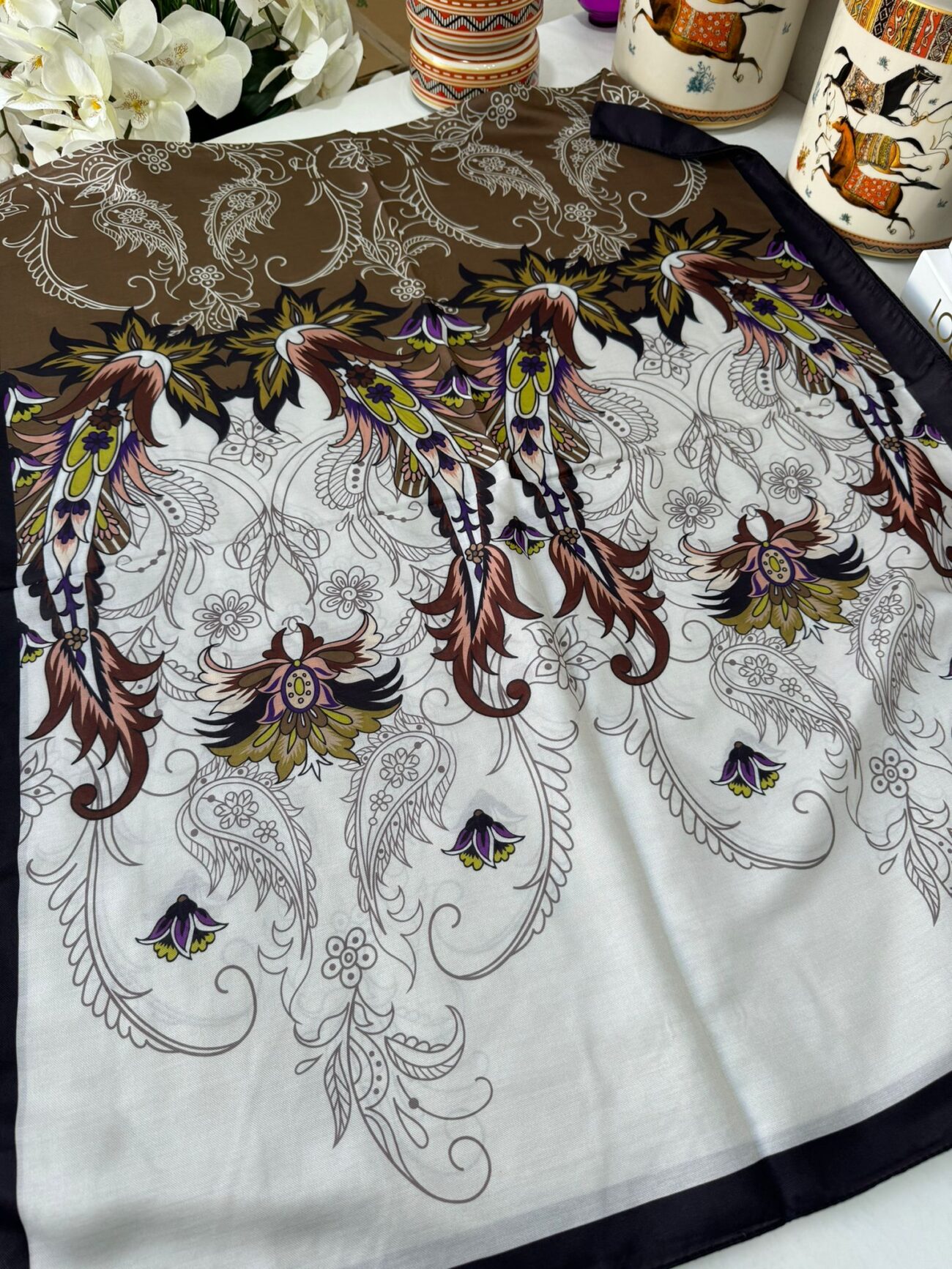 Etnik Desen Pamuk İpek Şal - Petrol