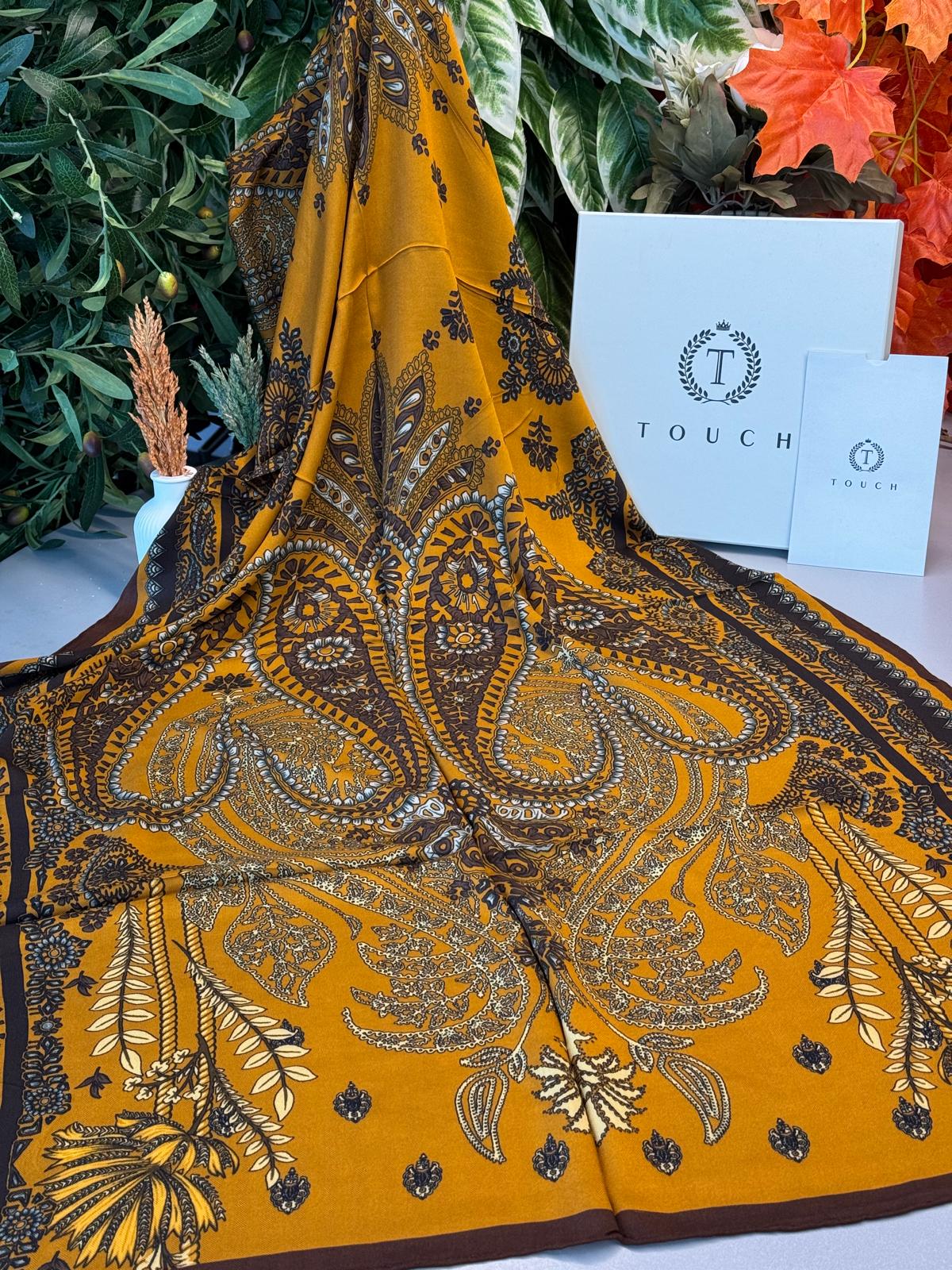 Touch İthal Etnik Desen Yün İpek Şal- Hardal