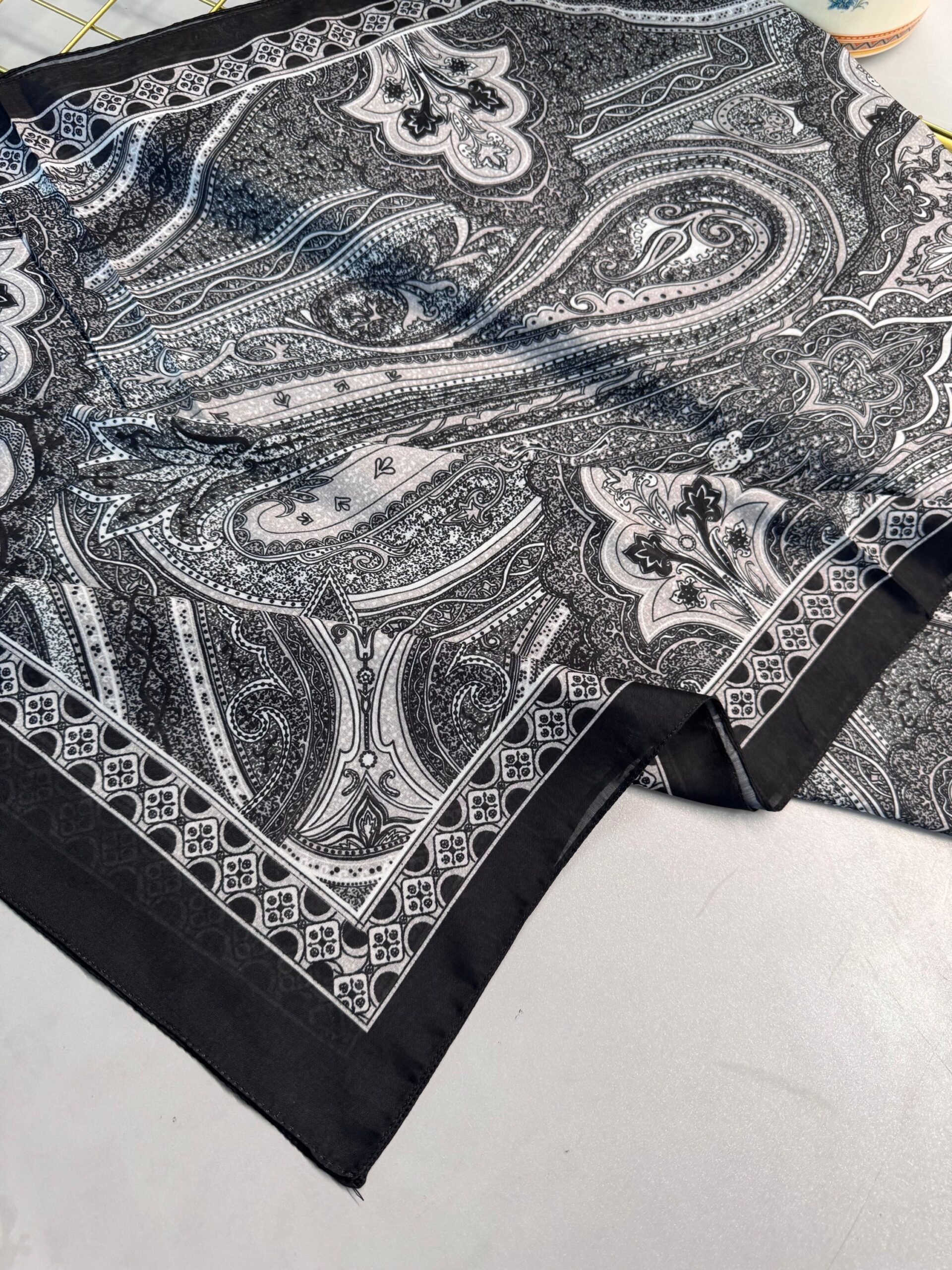 Çini Desen Pamuk İpek Şal -7458- SİYAH