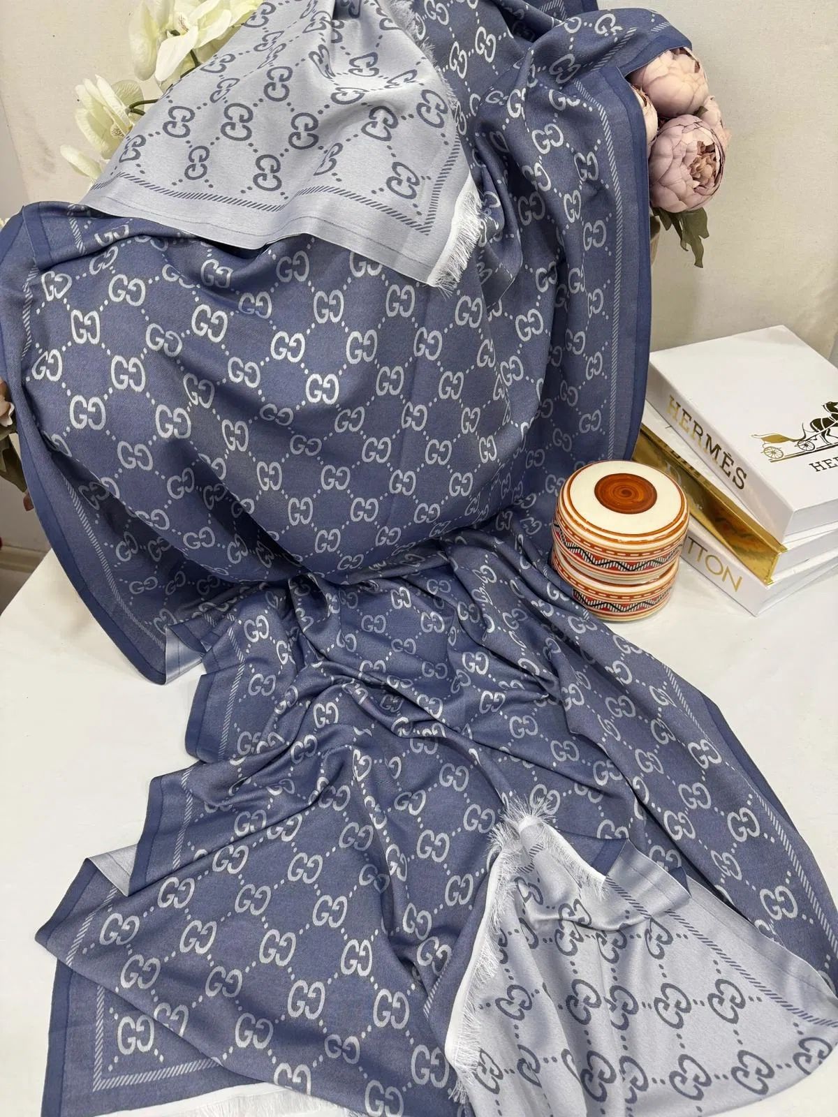 G Desenli İpek Kaşmir Çift Taraflı Şal 440344 - buz mavisi - Görsel 4