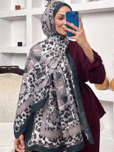 Hermes Leopar Pamuk Soft Şal 65329 - SİYAH- AÇIK LATTE