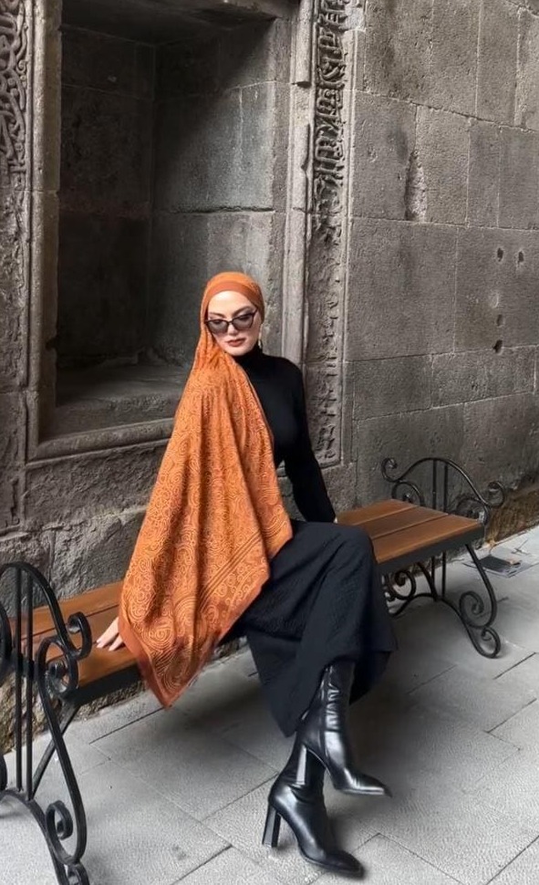 Touch İthal Etnik Desen Pamuk İpek Şal 63459- Kiremit