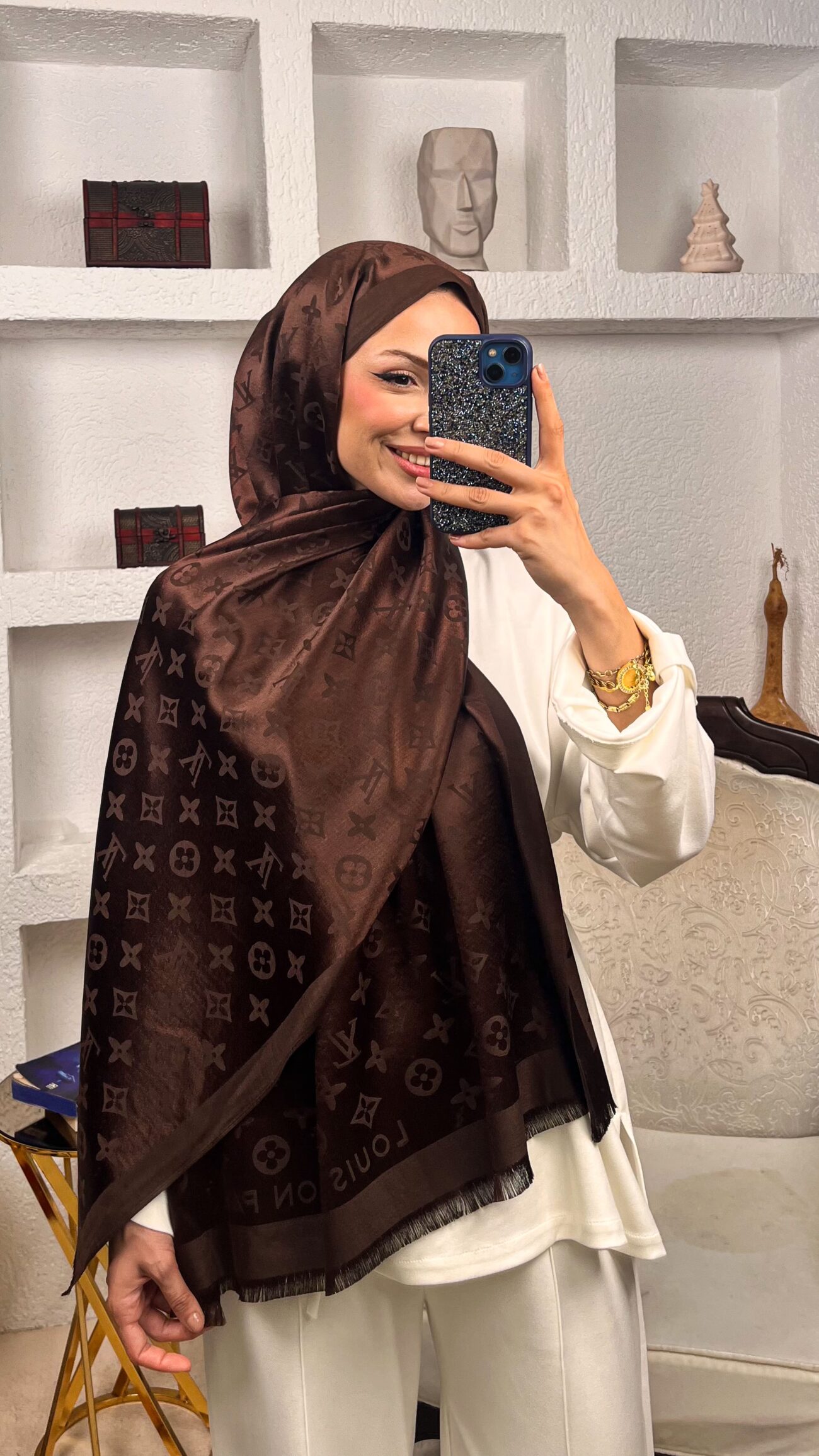 İthal Lv Kaşmir İpek Şal 49104 - Koyu kahve