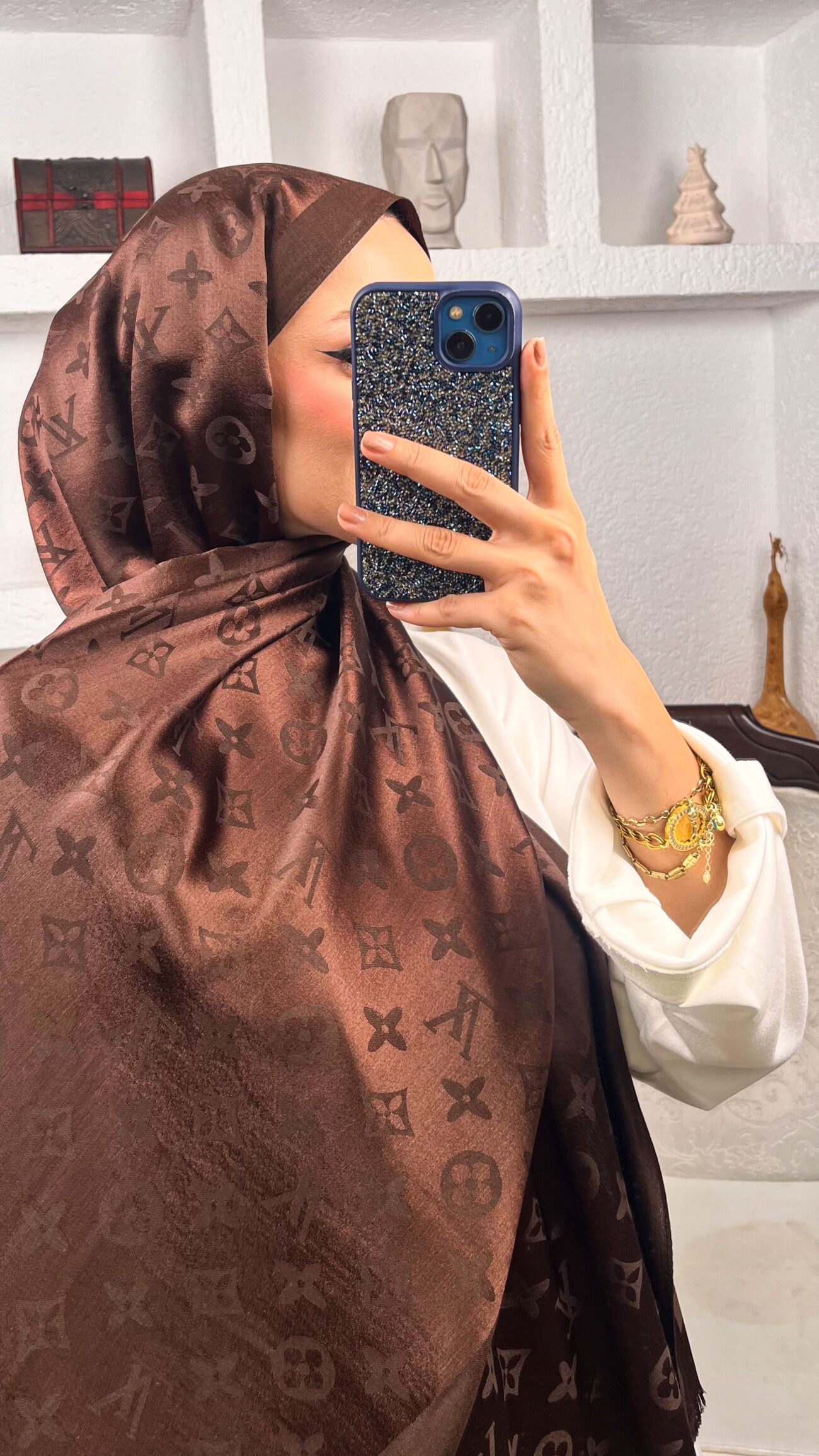 İthal Lv Kaşmir İpek Şal 49104 - Koyu kahve - Görsel 2