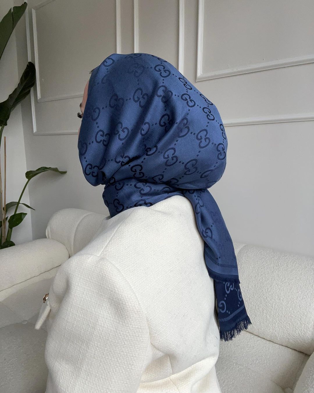 G Desenli İpek Kaşmir Çift Taraflı Şal 440344 - Lacivert