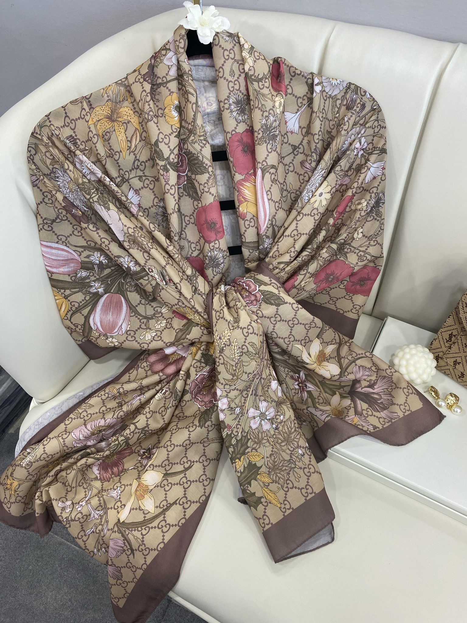 Gucci Çiçek Desen Pamuk Soft Şal 65355 -Kahve-Bej
