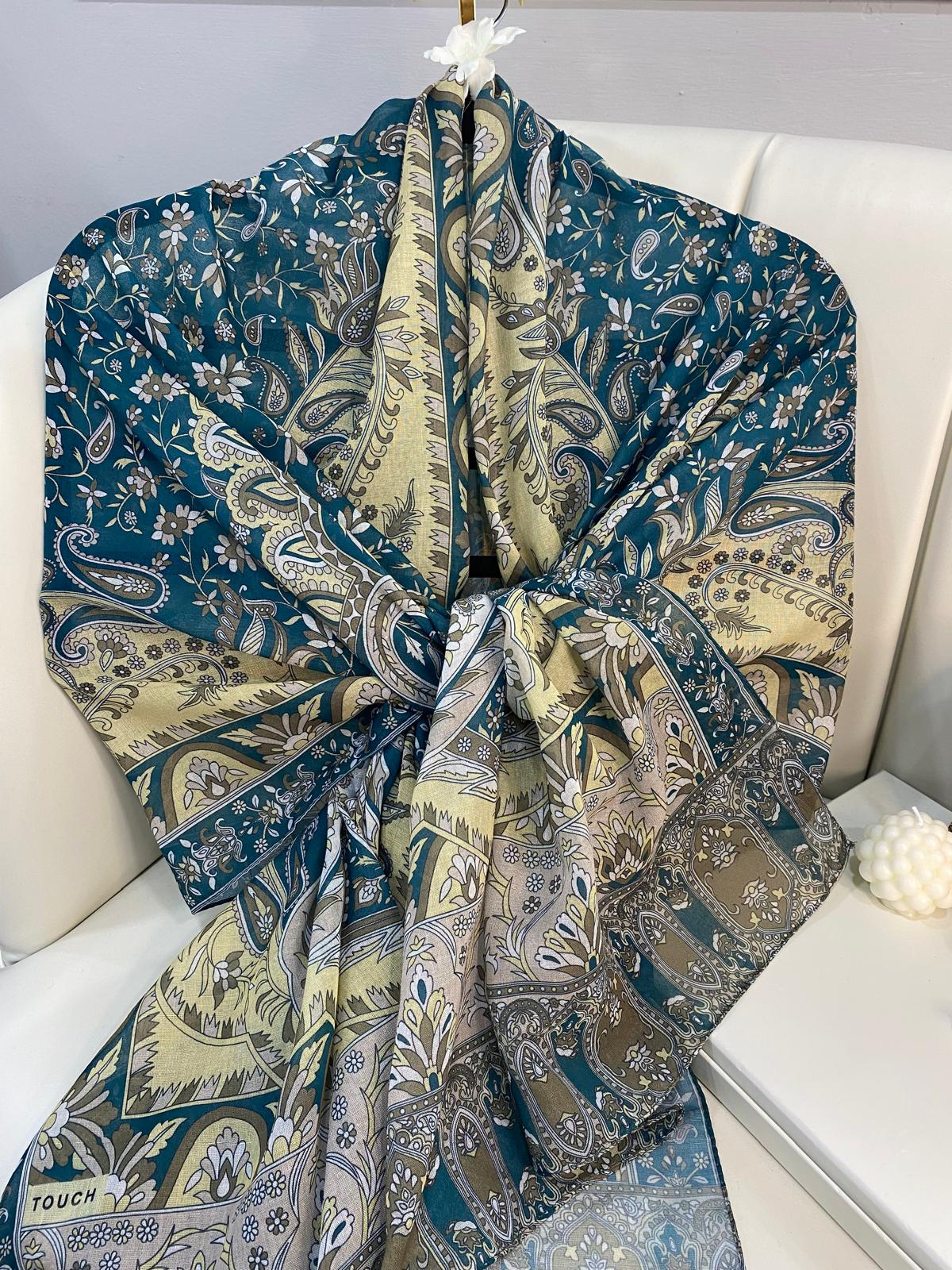 etnik hint deseni pamuk ipek şal -313131   açık karamel/lacivert