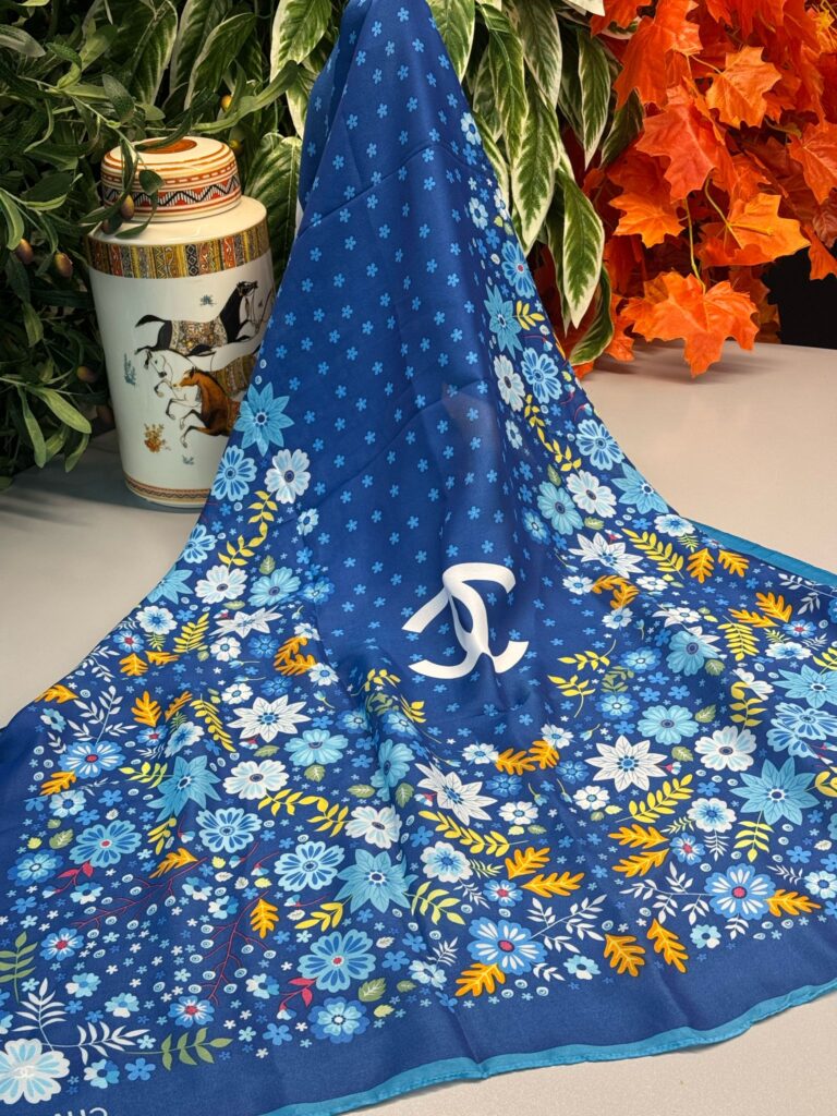 İthal Vual İpek Çiçek Desen Şal - Saks