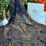 Touch İthal Etnik Desen Yün İpek Şal - Karamel-Lacivert