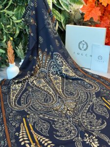 Touch İthal Etnik Desen Yün İpek Şal - Karamel-Lacivert