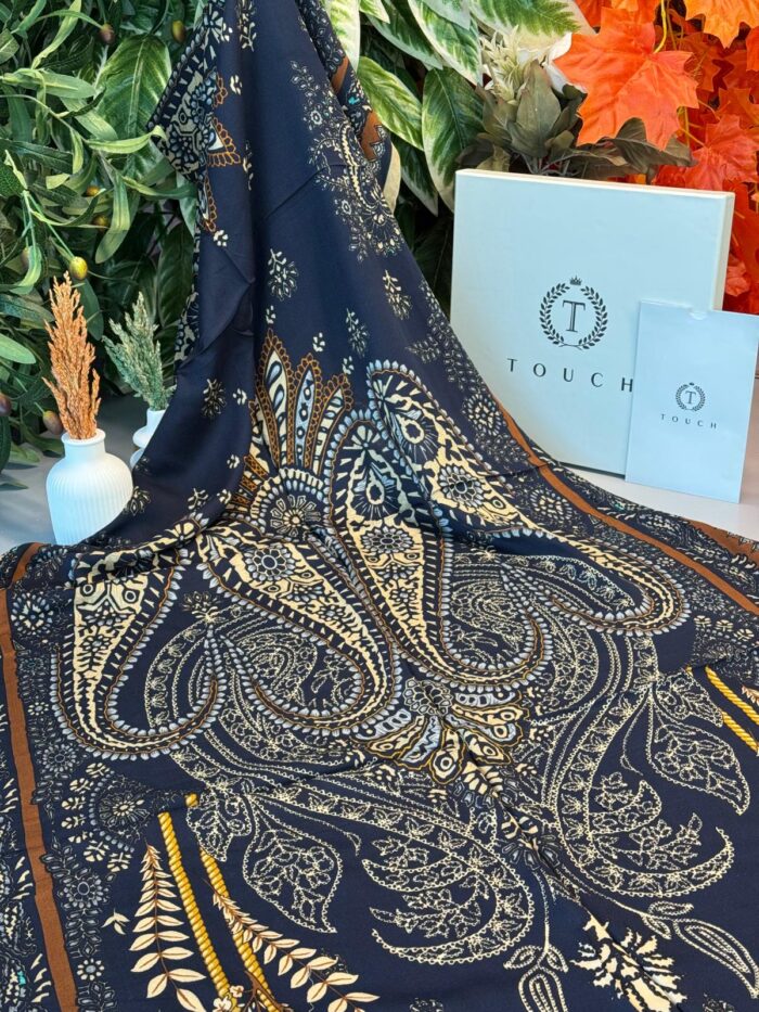 Touch İthal Etnik Desen Yün İpek Şal - Karamel-Lacivert