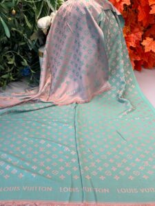 Lv Desenli İpek Kaşmir Çift Taraflı Şal-Su Yeşili- Pembe