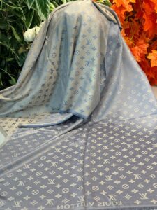 Lv Desenli İpek Kaşmir Çift Taraflı Şal-Mavi-Kül Rengi