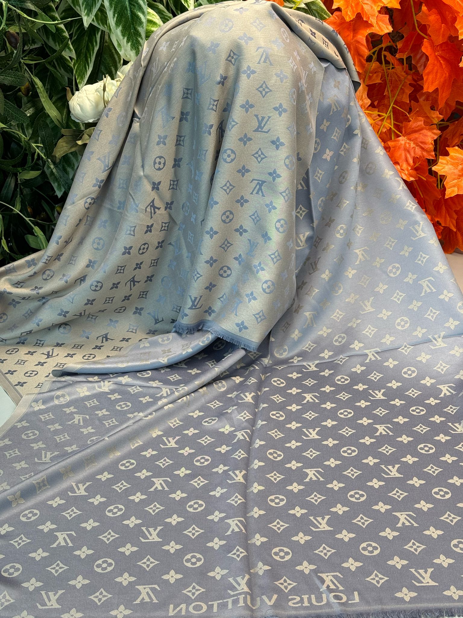 Lv Desenli İpek Kaşmir Çift Taraflı Şal-Mavi-Kül Rengi