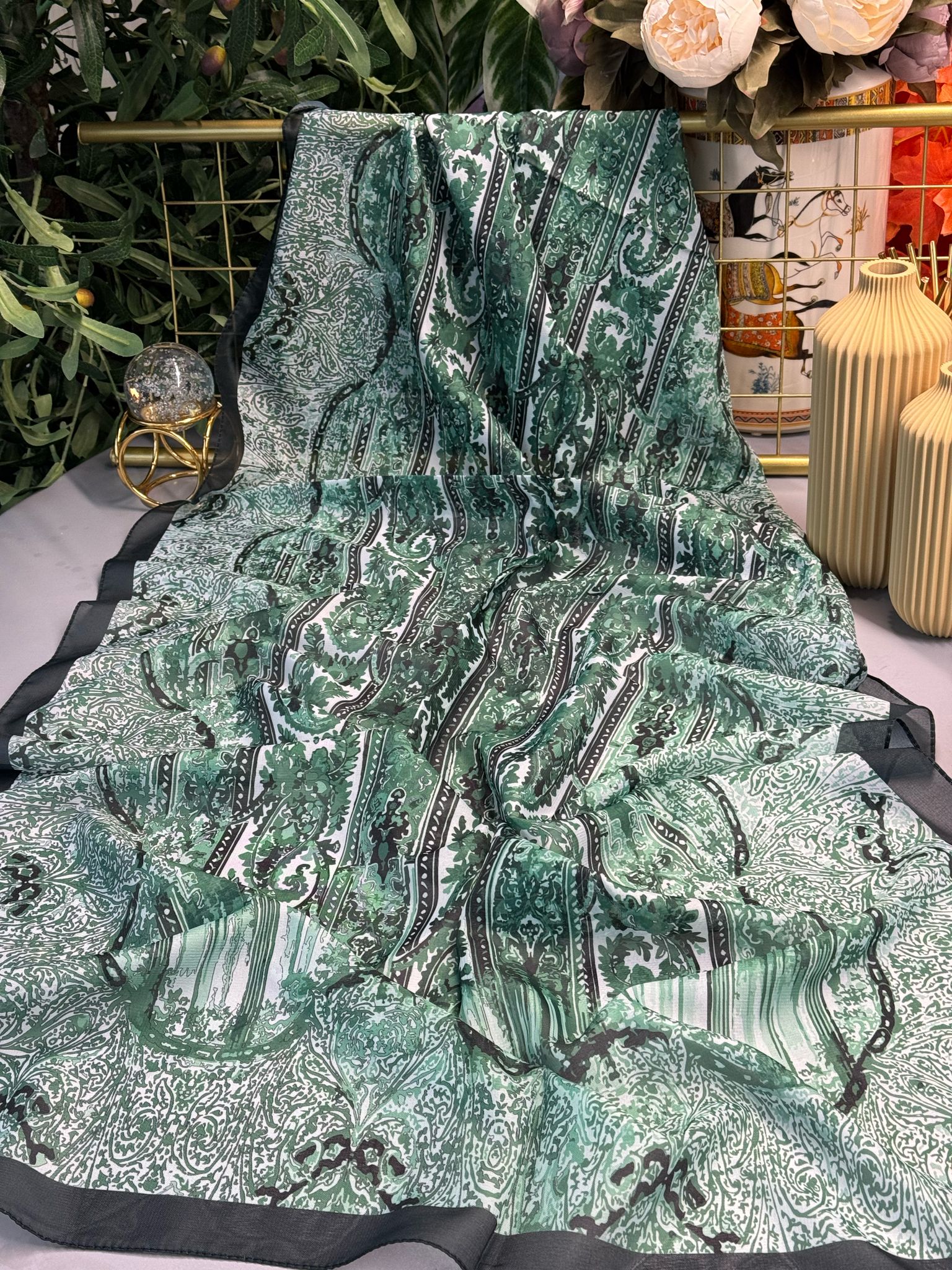 Etnik Etro Desen Pamuk Soft Şal - Siyah-Yeşil