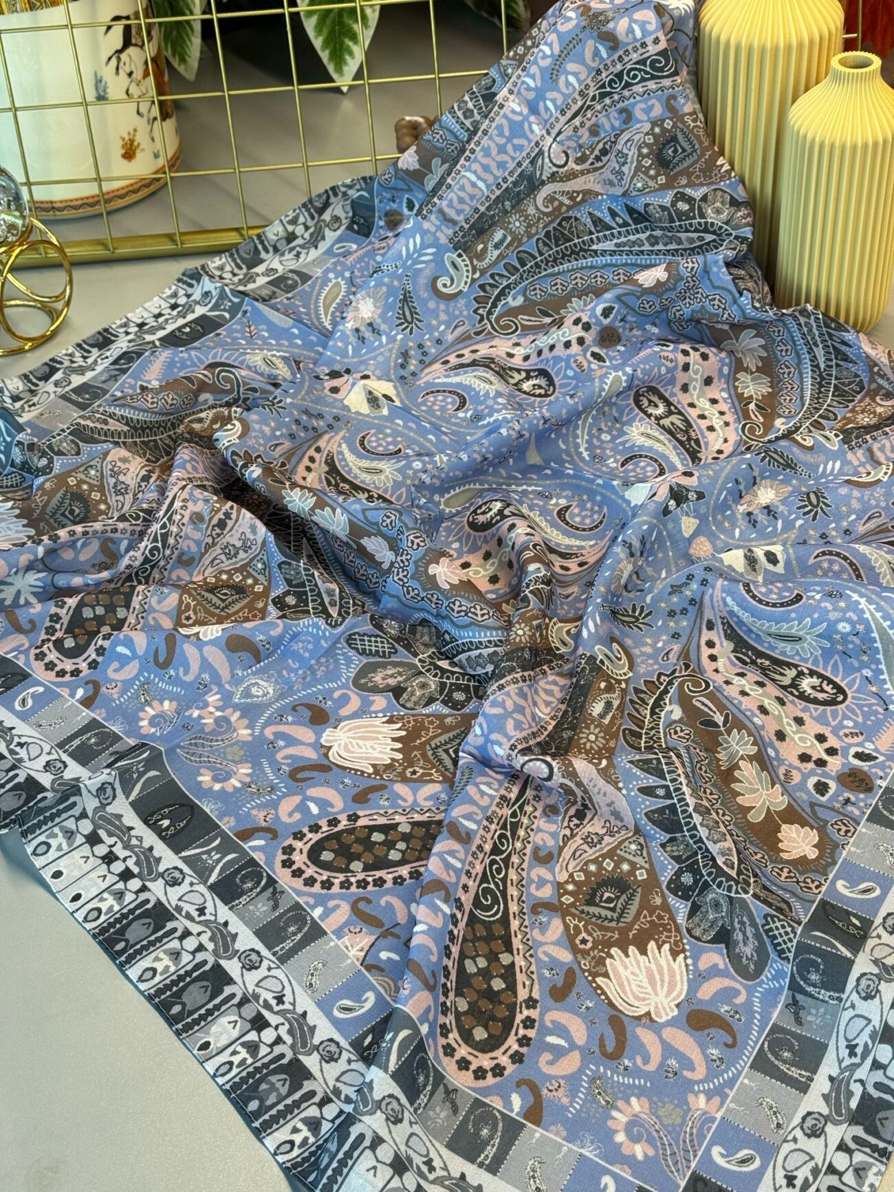 Etro Etnik Desen Pamuk Şal -852085 - MAVİ-GRİ