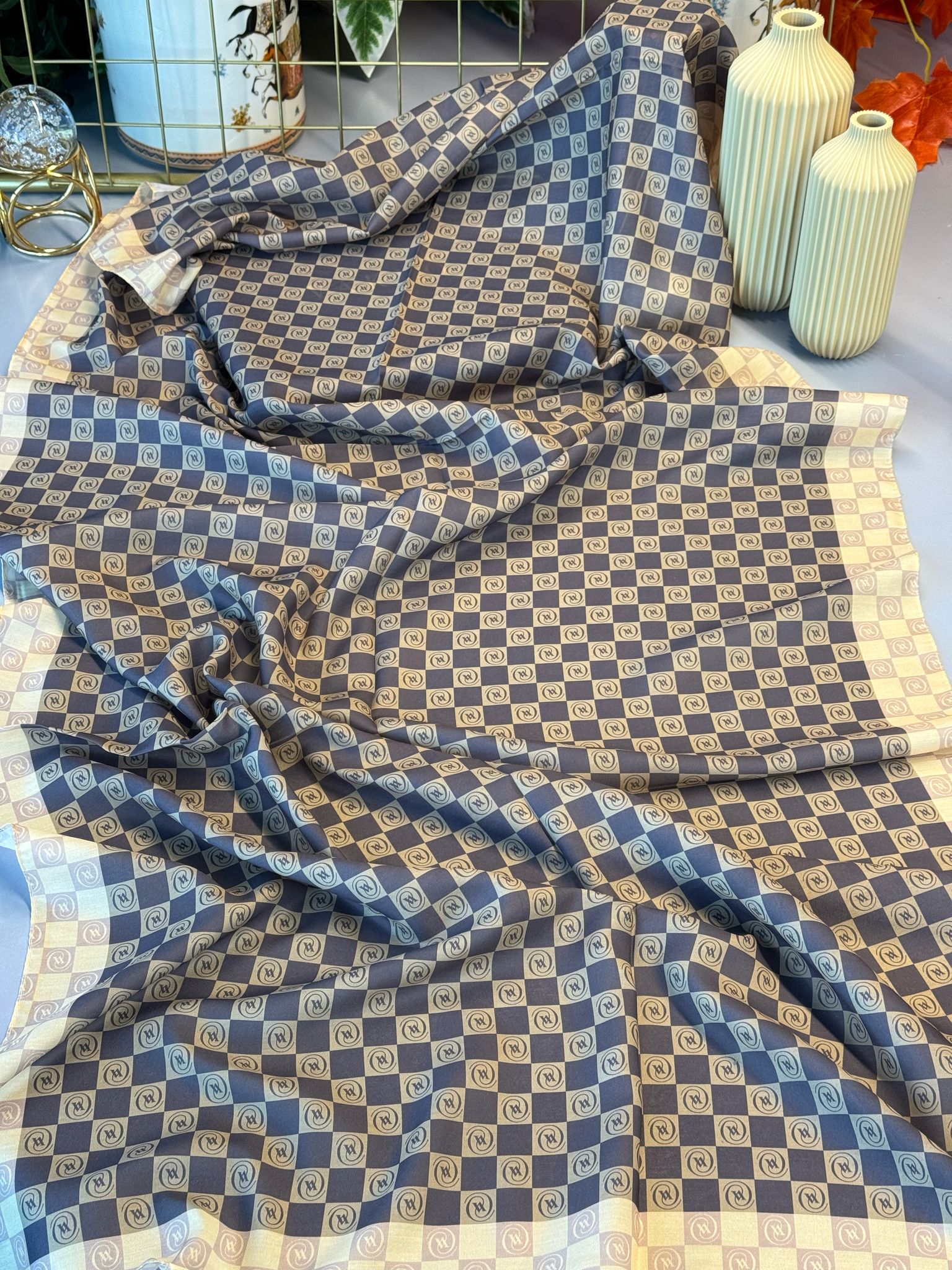 Vakko Desen Pamuk İpeksi ŞAL - HARDAL-SİYAH