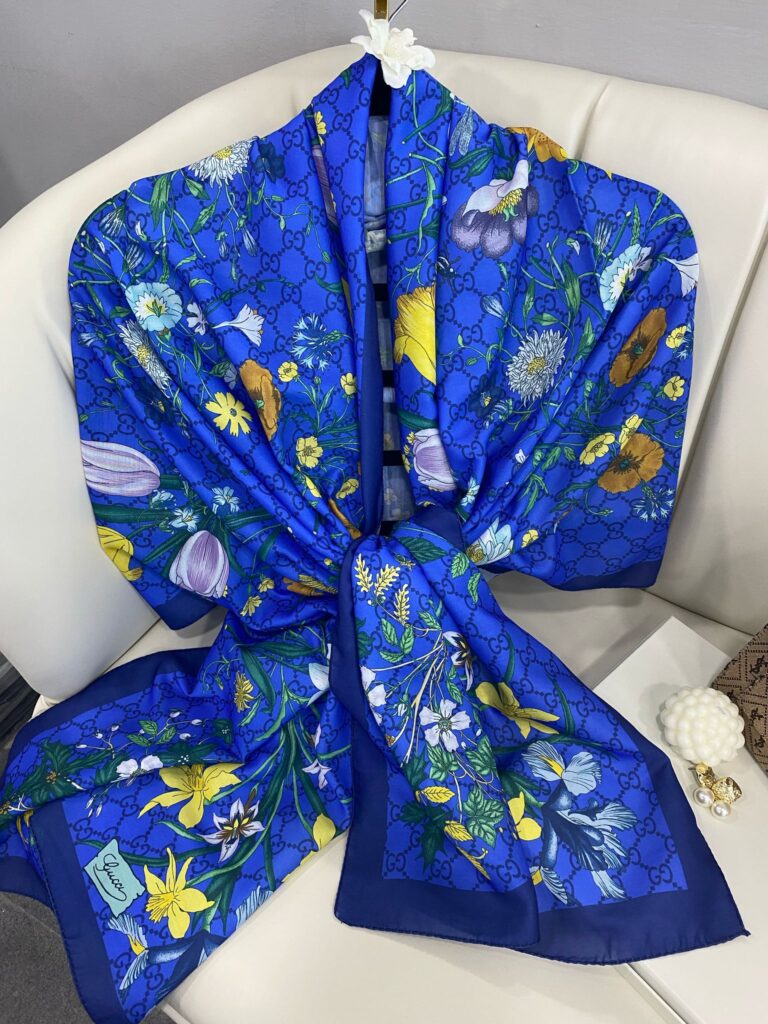 Çiçek Desen Pamuk Soft Şal 65355 - Lacivert/Saks