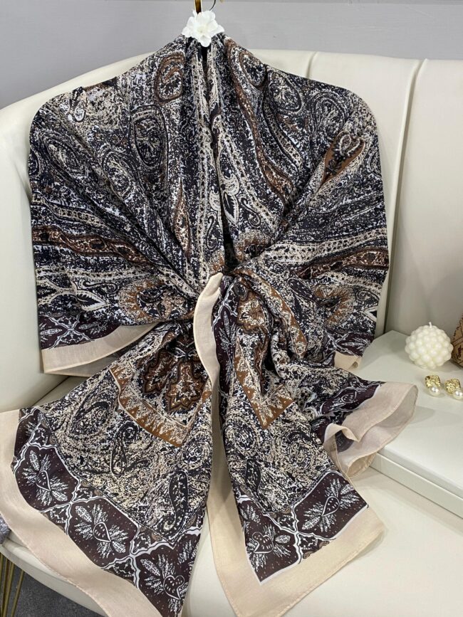 Etro Etnik Desen Pamuk İpek Şal - 23564 - BEJ-KAHVE