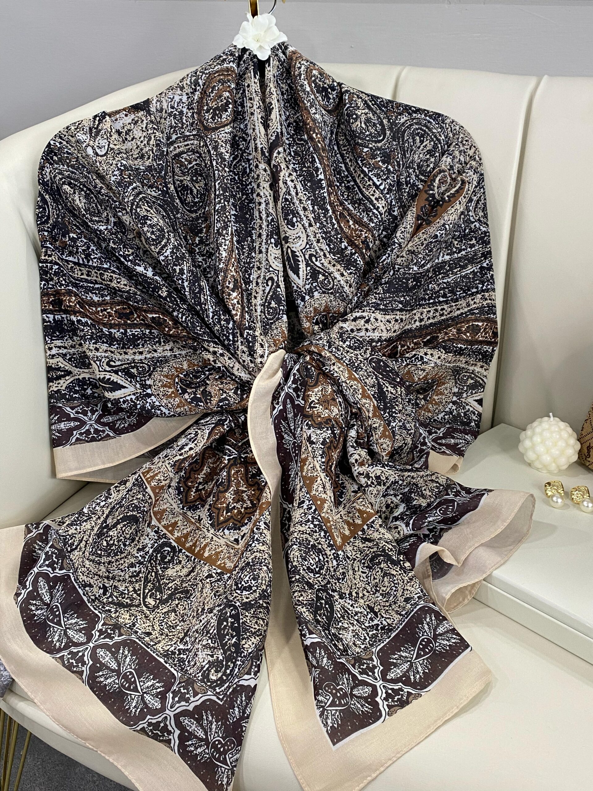 Etro Etnik Desen Pamuk İpek Şal - 23564 - BEJ-KAHVE