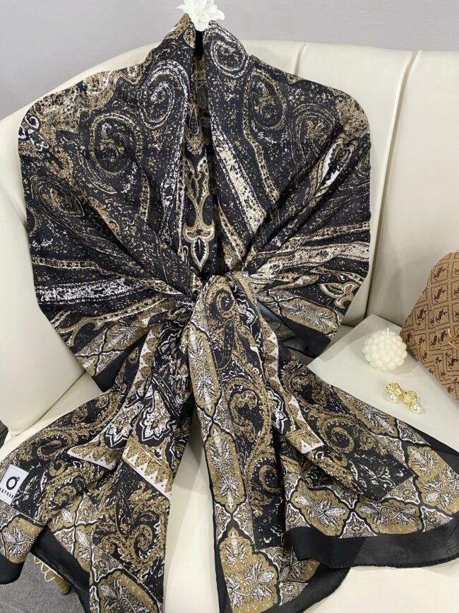 Etro Etnik Desen Pamuk İpek Şal - 23564 - SİYAH-KOYU VİZON