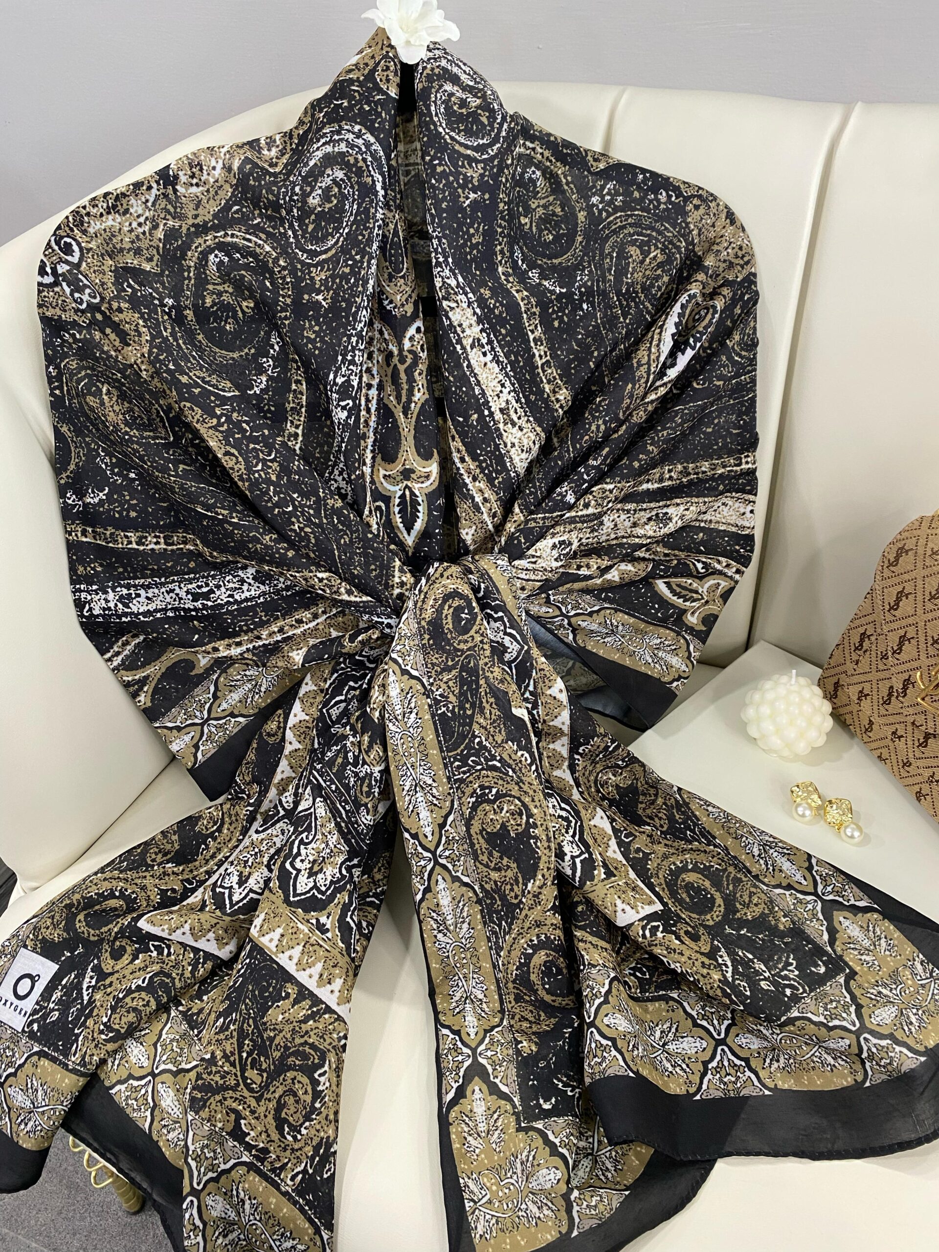 Etro Etnik Desen Pamuk İpek Şal - 23564 - SİYAH-KOYU VİZON